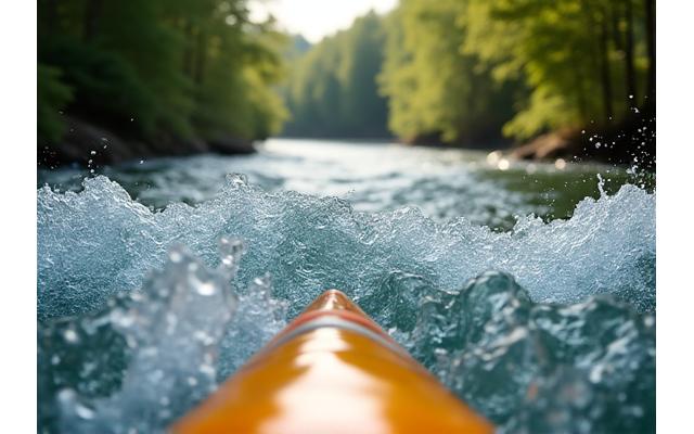 Rushing river water with small rapids, seen from a kayaker's perspective