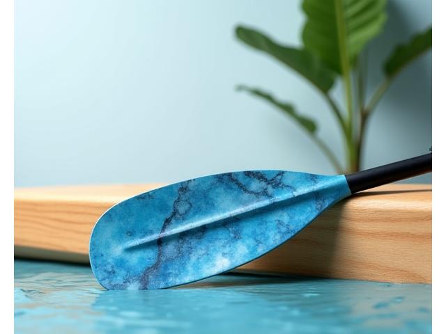 Ergonomic kayak paddle made from recycled ocean plastic, with a blue blade and black shaft.