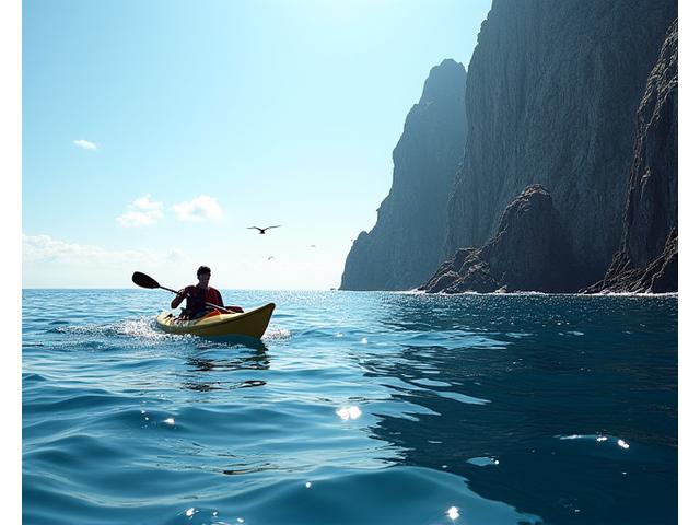 Sea kayaking along a rugged coastline under a clear blue sky