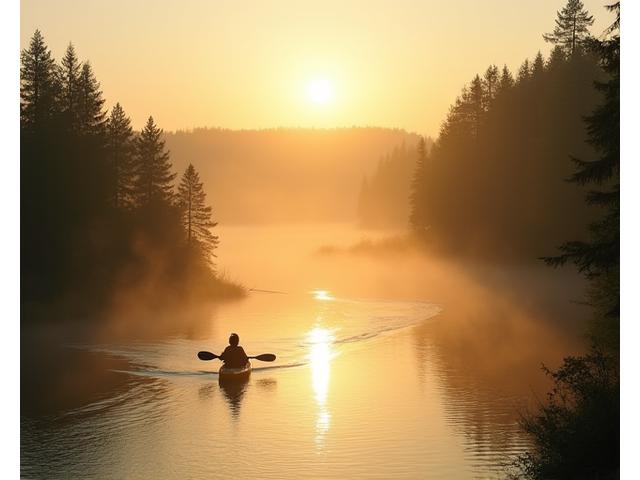 Kayaking on a calm river at sunrise, surrounded by misty mountains