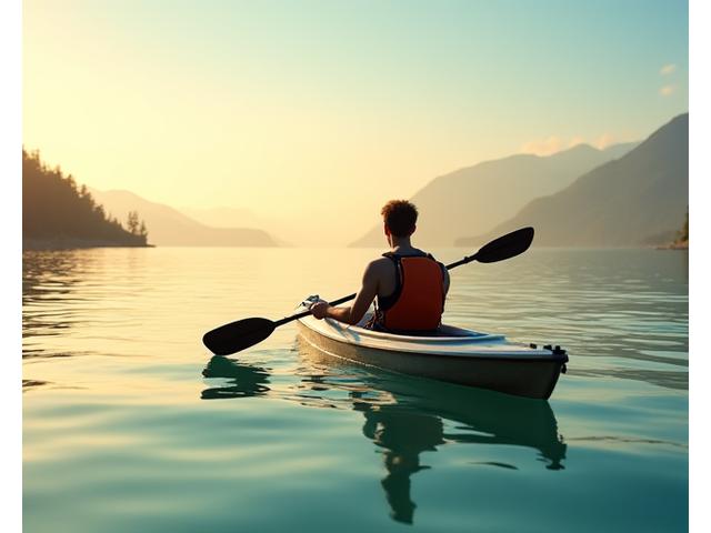 Kayaker on calm water, looking at horizon with gear by their side, symbolizing expert guidance and peaceful adventure