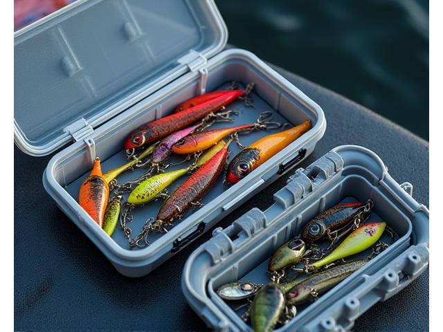 Open waterproof tackle box overflowing with neatly organized fishing lures, hooks, and tools, placed next to a kayak crate on a boat deck.
