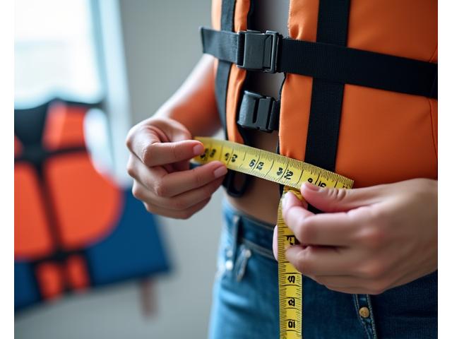 Person using a tape measure to find their chest circumference, with a PFD sizing chart overlay.